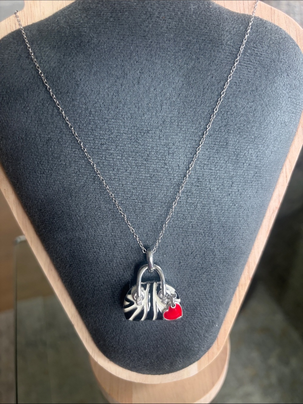 Silver925 Handbag Pendant Necklace with Red Heart Accent.
